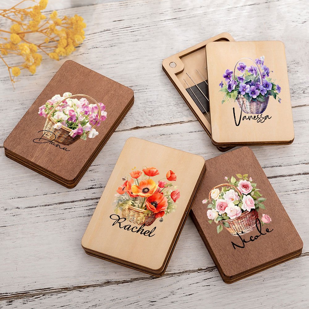 Personalisierte Geburt Blume Blumenstrauß Korb hölzerne magnetische Nadel-Box mit Namen Geburtstag Jahrestag Geschenk für Nähen Liebhaber 5