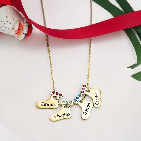 Collana con ciondolo a forma di calza natalizia personalizzata con nome inciso e pietra di nascita Regalo di Natale e compleanno per le donne