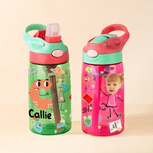 Botella personalizada de 475 ml con nombre y foto en diseño de dibujos animados coloridos con pajita y asa regalo de vuelta al cole para niños