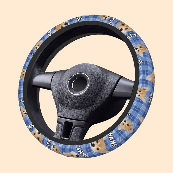 Personnalisé Multicolore Plaid 1-3 Dog Cat Portrait Anti-slip Elastic Steering Wheel Cover with Name Birthday Gift for Pet Lovers