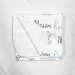 Personalised Blue Elephant Name Newborn Swaddle Blanket Hat Headband Set Baby Shower Photography Gift for Baby Boy