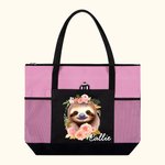 Personalized Floral Sloth Large Capacity Oxford Tote Bag with Name Birthday Anniversary Gift for Sloth Lovers