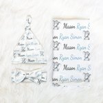 Personalised Blue Elephant Name Newborn Swaddle Blanket Hat Headband Set Baby Shower Photography Gift for Baby Boy