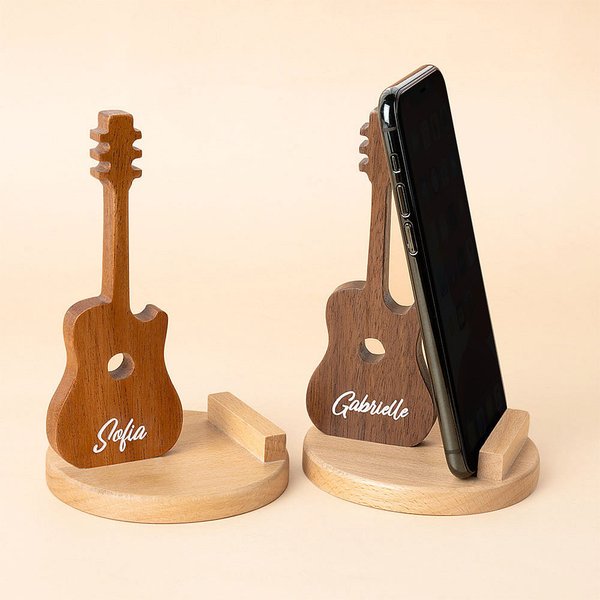 Personalisierte Retro hölzerne Gitarre geformt Telefon Stand Gitarre Pick Storage Case mit eingraviertem Namen Geburtstag Geschenk für Gitarrenspieler
