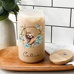 Personalized Watercolor Floral Vine Sloth 20oz Name Beer Can Glass with Bamboo Lid and Straw Birthday Gift for Women Sloth Lovers