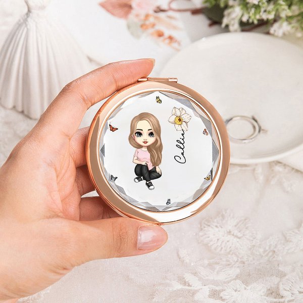 Personalizzato Cartoon Character Compact Pocket Makeup Mirror with Birth Flower and Name Birthday Bridesmaid Gift for Women Girls