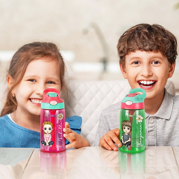 Personalized Water Bottle for Kids, 16oz Custom Name & Cartoon Character Sports Water Bottle with Straw for Boys and Girls