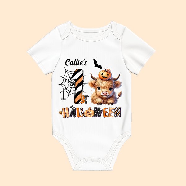 Gepersonaliseerd Pompoen Hoogland Koe Spinnenweb 100% Katoenen Baby Rompertje met Naam Schattig Festival Kostuum 1e Halloween Cadeau voor Pasgeborenen