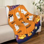 Gepersonaliseerde Schattige Heks Spook Pompoen Boe Spinnenweb Zachte Warme Deken met 1-9 Namen Halloween Huisdecoratie Cadeau voor Familie Kinderen