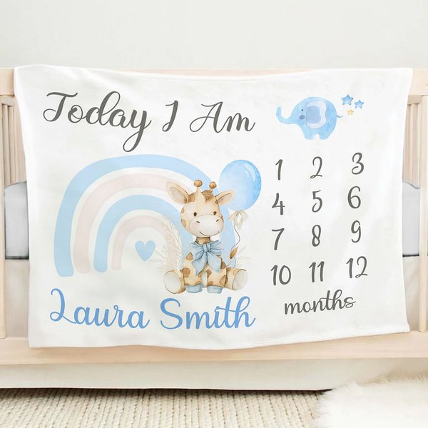 Spersonalizowany koc z imieniem Tęczowa żyrafa Miesięczny kamień milowy Koc z imieniem Dekoracja przedszkola Rekwizyt fotograficzny Baby Shower Prezent urodzinowy dla niemowląt Chłopcy Dziewczynki
