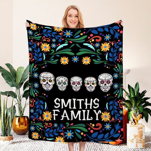 Personalisierte mexikanische Zuckerschädel weiche gemütliche Decke mit Namen Gothic Home Decor Geburtstag Tag der Toten Geschenk für Familie