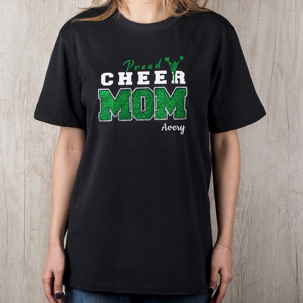 Personalized Glitter Bow Proud Cheer Mom 100% Cotton Short Sleeve T-shirt with Name Breathable Multicolour Available Game Day Gift for Mom