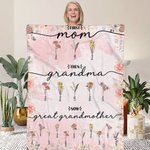 Personalised First Mom Now Grandma Birth Flower Pink Soft Throw Blanket with Name Christmas Mother's Day Home Decor Gift for Women