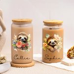 Personalized Watercolor Floral Vine Sloth 20oz Name Beer Can Glass with Bamboo Lid and Straw Birthday Gift for Women Sloth Lovers