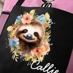 Personalized Floral Sloth Large Capacity Oxford Tote Bag with Name Birthday Anniversary Gift for Sloth Lovers