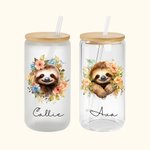 Personalized Watercolor Floral Vine Sloth 20oz Name Beer Can Glass with Bamboo Lid and Straw Birthday Gift for Women Sloth Lovers