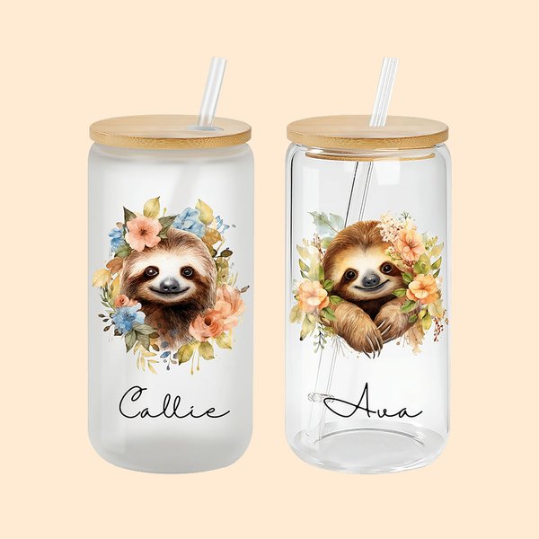 Personalizzato acquerello floreale Sloth 20 oz nome birra lattina di vetro con coperchio di bambù e cannuccia Regalo di compleanno per le donne amanti