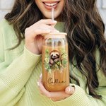 Personalized Watercolor Floral Vine Sloth 20oz Name Beer Can Glass with Bamboo Lid and Straw Birthday Gift for Women Sloth Lovers