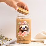 Personalized Watercolor Floral Vine Sloth 20oz Name Beer Can Glass with Bamboo Lid and Straw Birthday Gift for Women Sloth Lovers