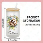 Personalized Watercolor Floral Vine Sloth 20oz Name Beer Can Glass with Bamboo Lid and Straw Birthday Gift for Women Sloth Lovers