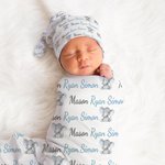 Personalised Blue Elephant Name Newborn Swaddle Blanket Hat Headband Set Baby Shower Photography Gift for Baby Boy