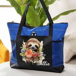 Personalized Floral Sloth Large Capacity Oxford Tote Bag with Name Birthday Anniversary Gift for Sloth Lovers