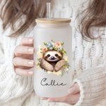 Personalized Watercolor Floral Vine Sloth 20oz Name Beer Can Glass with Bamboo Lid and Straw Birthday Gift for Women Sloth Lovers