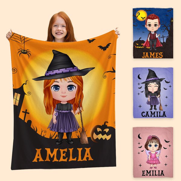 Spersonalizowany koc z imieniem Diabeł Wampir Czarownica Postać z kreskówki Miękki koc z imieniem Wystrój domu Impreza Halloween Prezent dla dzieci