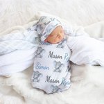 Personalised Blue Elephant Name Newborn Swaddle Blanket Hat Headband Set Baby Shower Photography Gift for Baby Boy