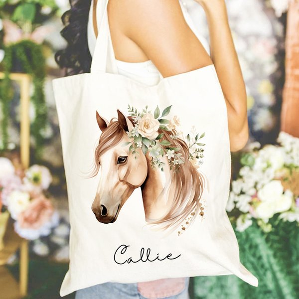 Personligt blommigt hästmönster Slitstark Canvas Tote Bag med namn Semester Födelsedag Julklapp för hästälskare