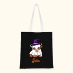 Personifierad söt häxa spöke Highland Cow Trick or Treat Canvas Tote Bag med namn Halloween present till barn Highland Cow älskare 1