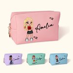 Personalized Y2K Style Cartoon Girl Leather Makeup Bag with Name Birthday Bridal Party Gift for Women Girls
