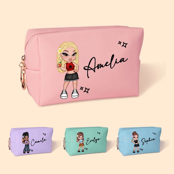 Personalised Y2K Style Cartoon Girl Leather Makeup Bag with Name Birthday Bridal Party Gift for Women Girls
