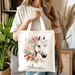 Personalisierte Blumen Pferd Muster langlebig Canvas Tragetasche mit Namen Urlaub Geburtstag Weihnachten Geschenk für Pferdeliebhaber