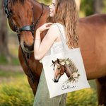 Personalisierte Blumen Pferd Muster langlebig Canvas Tragetasche mit Namen Urlaub Geburtstag Weihnachten Geschenk für Pferdeliebhaber