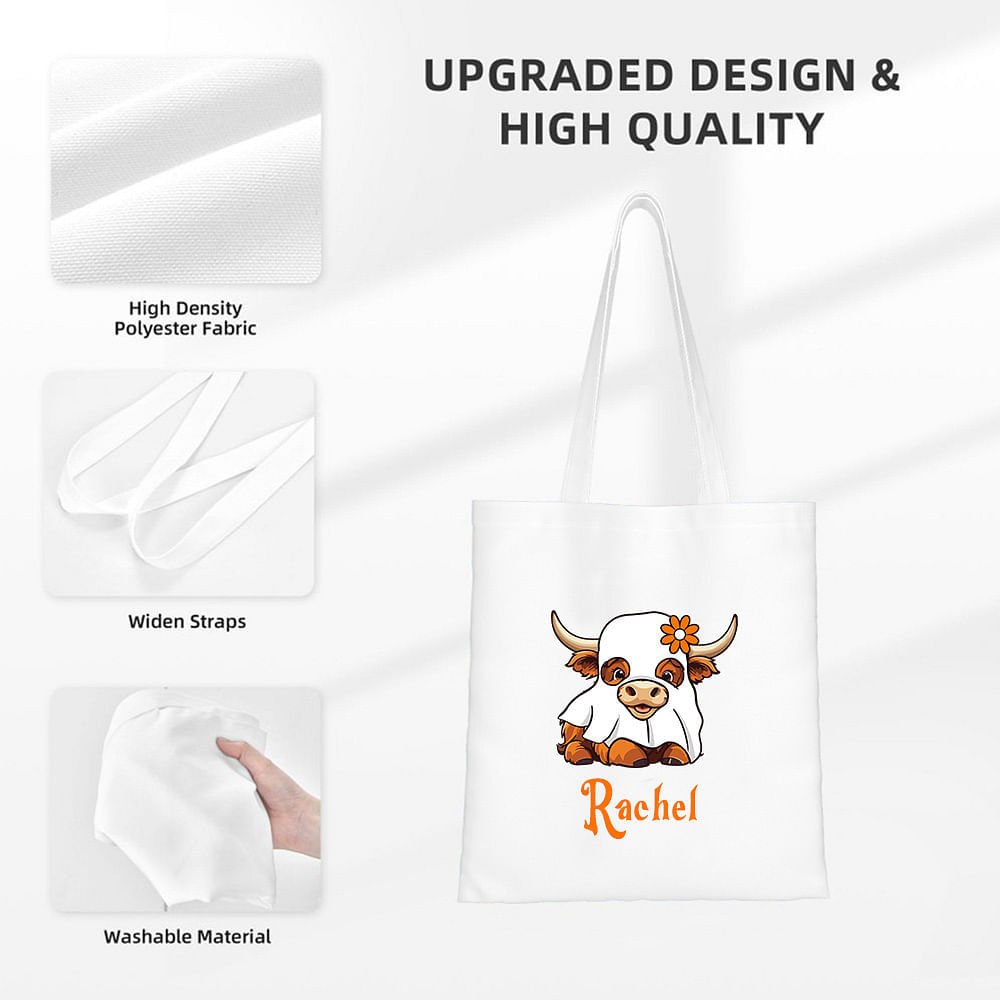 Personifierad söt häxa spöke Highland Cow Trick or Treat Canvas Tote Bag med namn Halloween present till barn Highland Cow älskare 6