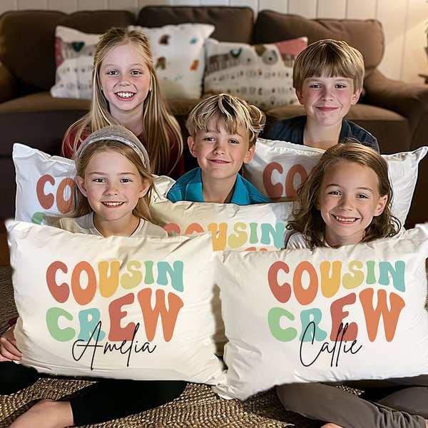 Personalized Rainbow Letter DIY Coloring Cousin Crew Throw Pillow Cover with Name Family Party Home Decor Birthday Gift for Boys Girls