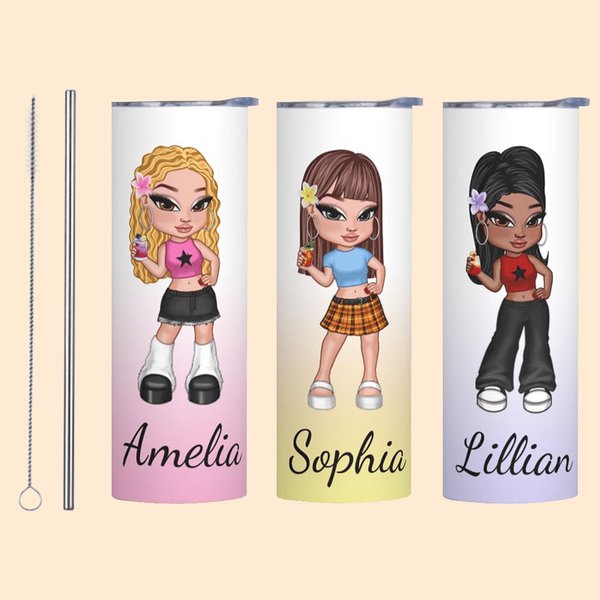 Personalized Gradient Color Y2K Style Cartoon Girl 20oz Insulated Skinny Tumbler with Name and Straw Birthday Christmas Gift for Women Girls