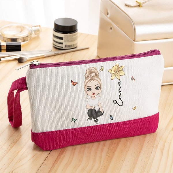 Personalized Cute Cartoon Character Birth Flower Makeup Bag with Name and Wrist Wedding Party Birthday Gift for Women Girls