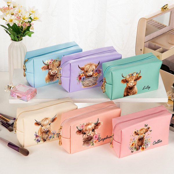 Personlig Läder Vattentät Blomma Highland Cow Stor Sminkväska med Namn Jul Födelsedag Present för Kvinnor Highland Cow Lovers