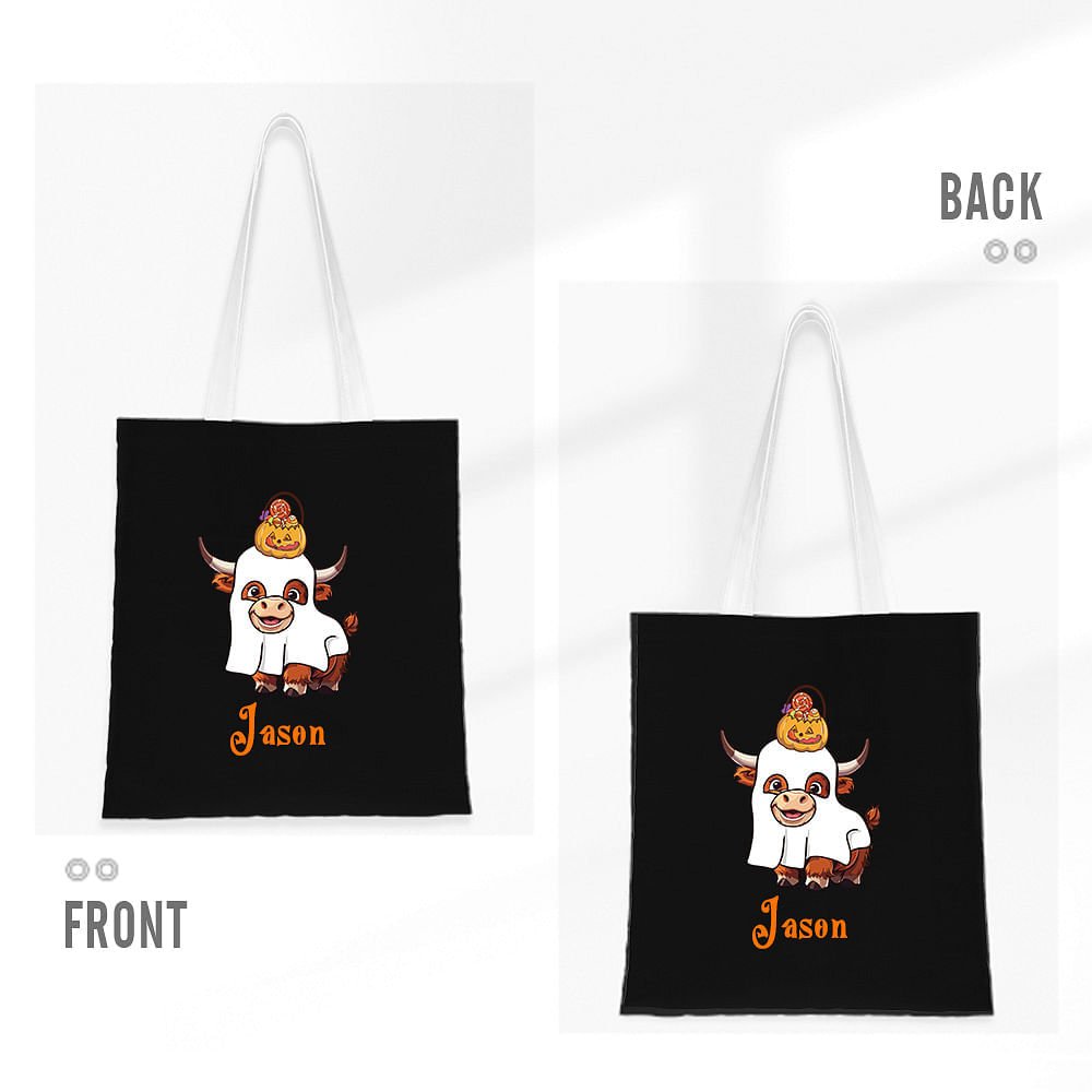 Personifierad söt häxa spöke Highland Cow Trick or Treat Canvas Tote Bag med namn Halloween present till barn Highland Cow älskare 5
