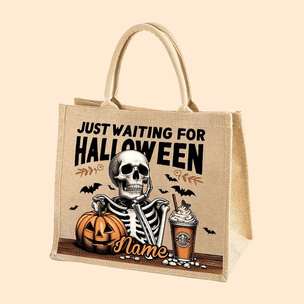 Gepersonaliseerd skelet wacht op Halloween Pompoen Jute draagtas met naam Grappig Halloween vakantiecadeau voor familie of vrienden
