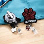 Personalised Glitter Dog Paw Print Nurse Badge Reel with Name and Paw Charm Nurse Week Birthday Gift for Dog Lovers Nurses Medical Staff