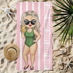 Toalla de playa de gran tamaño personalizada de secado rápido con personajes de dibujos animados a rayas y nombre Cumpleaños Viaje de verano Regalo esencial para la familia Amigos