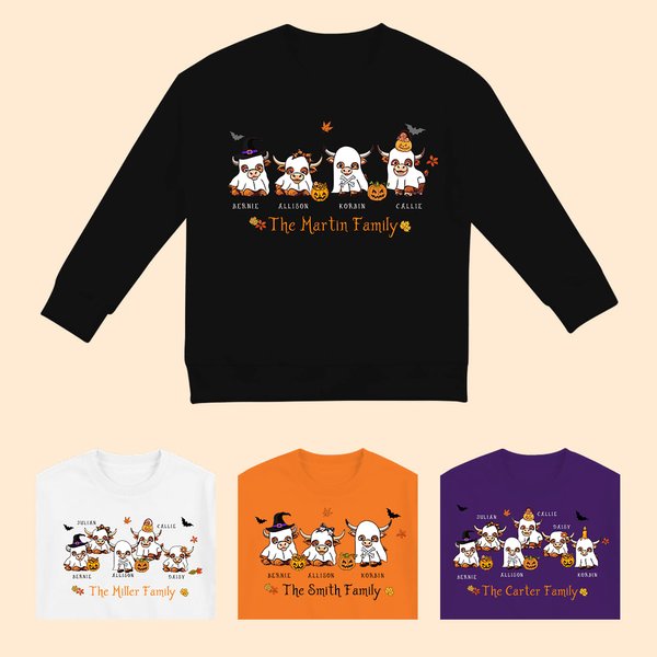Personalizado lindo fantasma de bruja Highland Vaca Niño Adulto Sudadera con 2-6 Nombres Bienvenido Halloween Disfraz Regalo para los amantes de la fa
