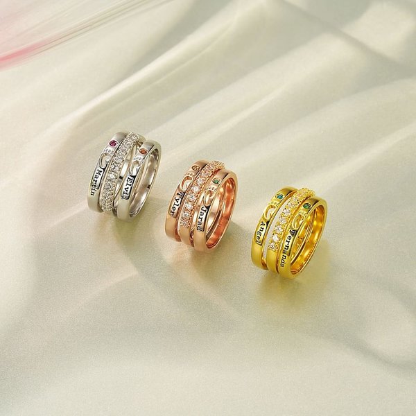 Personalised Stackable Birthstone Footprint Ring Set of 3 with Engraved Name Birthday Mother's Day Gift for Women Mom Spouse