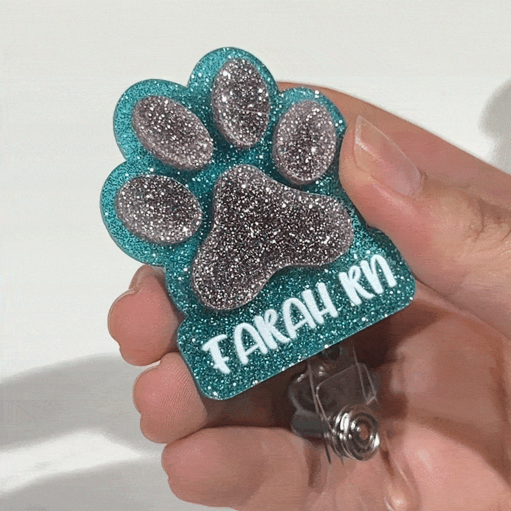 Personalised Glitter Dog Paw Print Nurse Badge Reel with Name and Paw Charm Nurse Week Birthday Gift for Dog Lovers Nurses Medical Staff