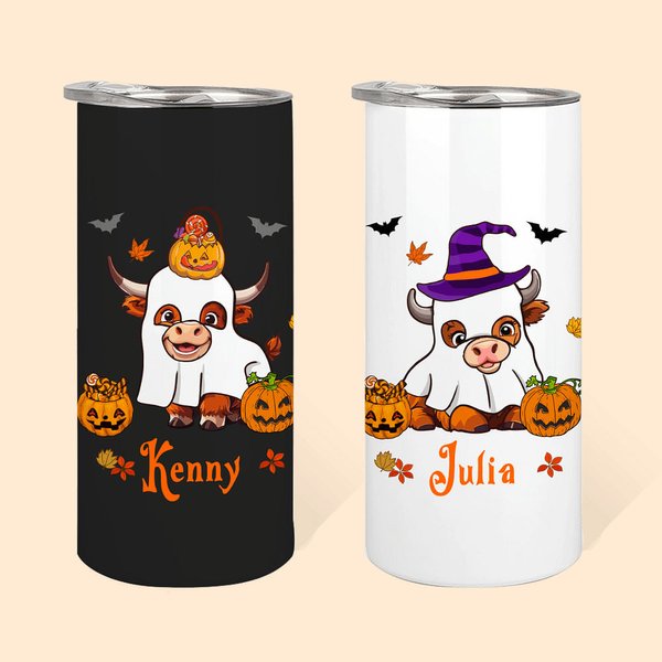 Personalised Cute Witch Ghost Highland Cow 15oz Insulated Name Tumbler with Lid and Straw Fall Halloween Gift for Kids Highland Cow Lovers