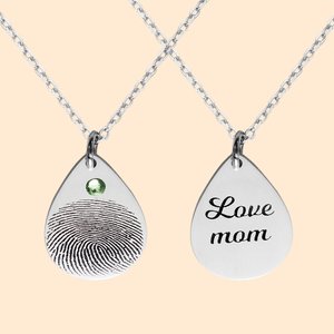 Personalisierte eingraviert Teardrop Fingerabdruck Anhänger Halskette mit Geburtsstein und Text Minimalist Namensschild Schmuck Geburtstag Jahrestag G