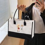 Personalised Y2K Cartoon Character Birth Flower Large Canvas Tote Bag with Name Friendship Birthday Gift for Women Girls